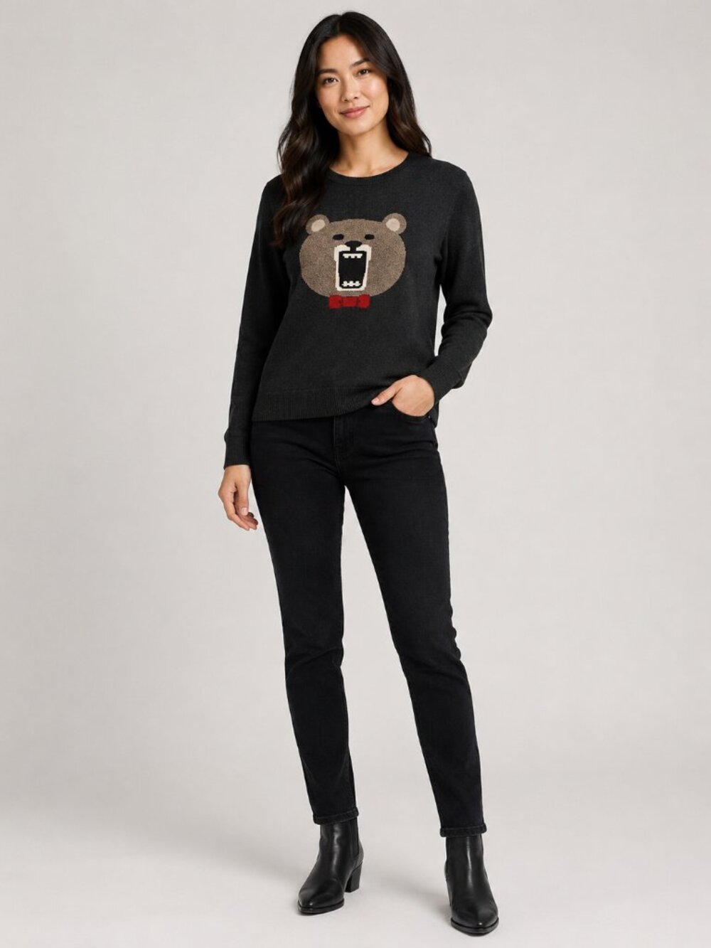 LOFT 604 Black Bear Graphic Sweater Size Large Cute Bow Tie Animal Knit Pullover